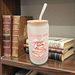 Pink Bow and Hearts Frosted Glass Bamboo Lid 16 ozs "Books are my Love Language"